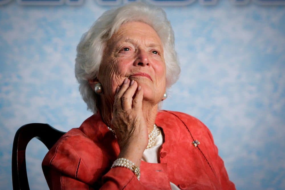 In this file photo from Friday, March 18, 2005, former first lady Barbara Bush listens to her son, President George W. Bush, as he speaks on Social Security reform in Orlando, Fla. (J. Scott Applewhite/AP)
