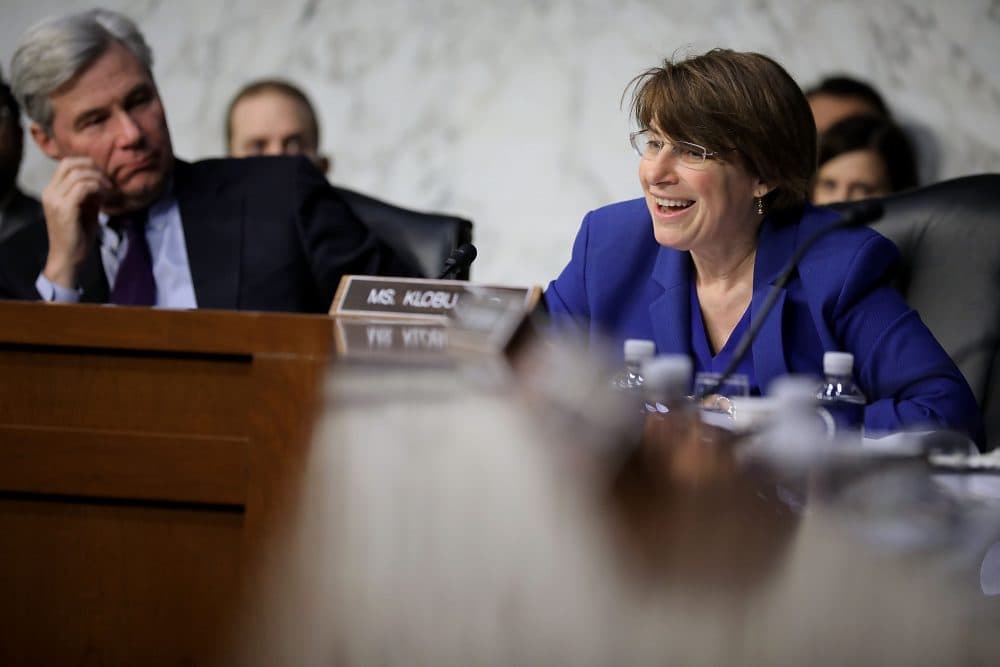 Sen. Amy Klobuchar (D-Minn.) questions witnesses during a hearing about the massacre at Marjory Stoneman Douglas High School in the Hart Senate Office Building on Capitol Hill on March 14, 2018 in Washington, D.C. (Chip Somodevilla/Getty Images)