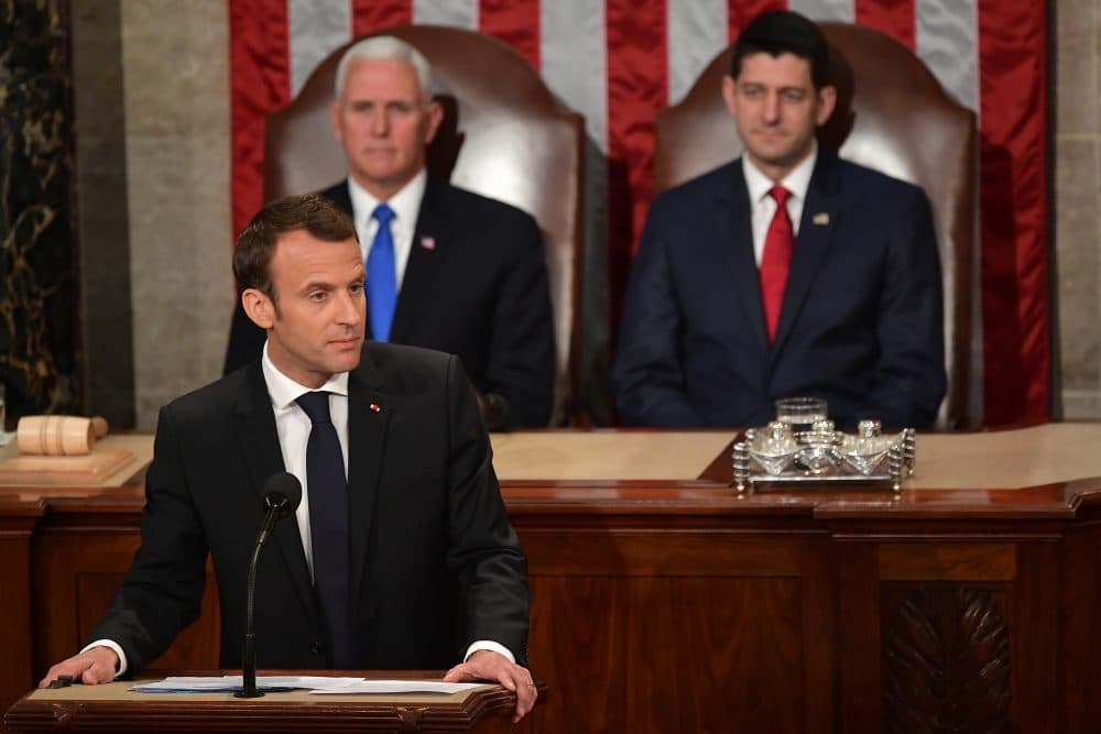 France's President Emmanuel Macron addresses a joint meeting of Congress inside the House chamber on April 25, 2018 at the Capitol in Washington, D.C. (Mandel Ngan/AFP/Getty Images)