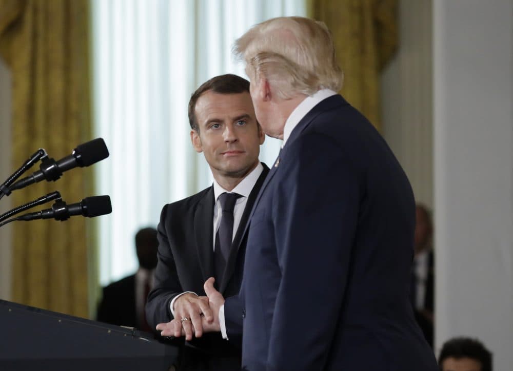 President Donald Trump shakes hands with French President Emmanuel Macron during a news conference in the East Room of the White House, Tuesday, April 24, 2018, in Washington. (Evan Vucci/AP)