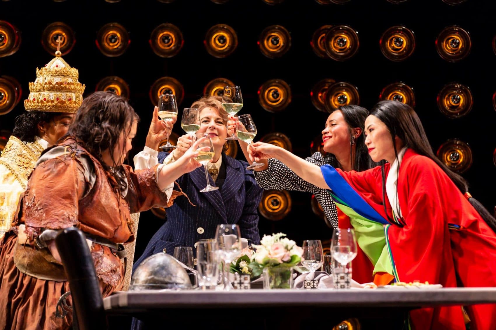 Carmen M. Herlihy as Dull Gret, Sophia Ramos as Pope Joan, Paula Plum as Isabella Bird, Carmen Zilles as Marlene and Vanessa Kai Lady Nijo in Huntington Theatre Company's &quot;Top Girls.&quot; (Courtesy T Charles Erickson)