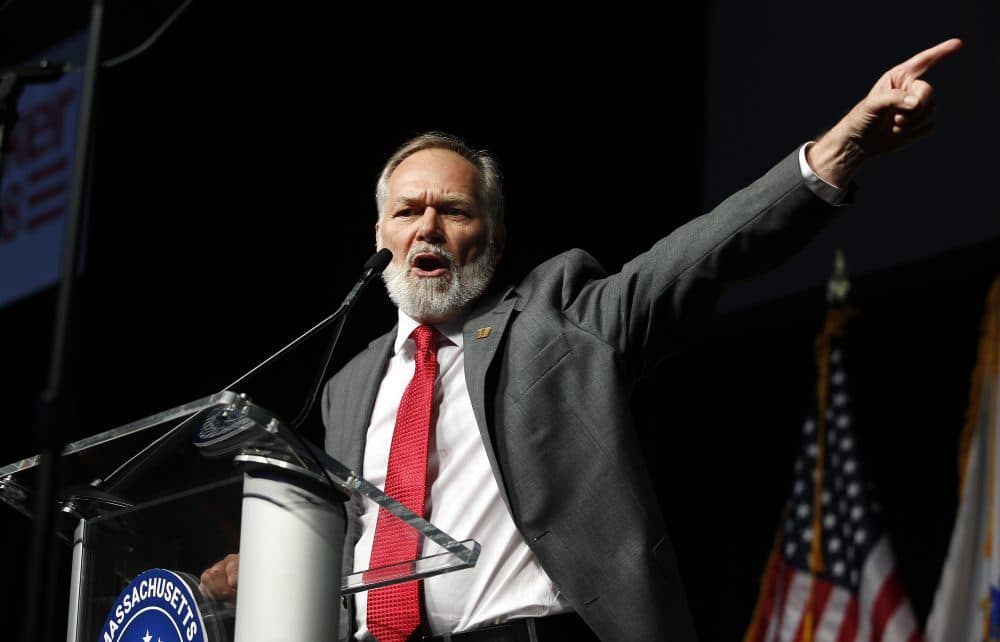 Republican candidate for governor Scott Lively addresses the Massachusetts Republican Convention at the DCU Center in Worcester, Mass., Saturday, April 28, 2018. (Winslow Townson/AP)