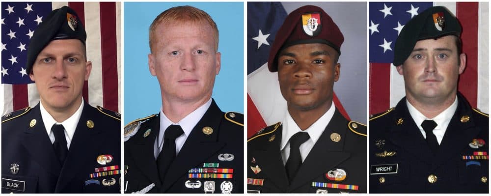 These images provided by the U.S. Army show, from left, Staff Sgt. Bryan C. Black, 35, of Puyallup, Wash.; Staff Sgt. Jeremiah W. Johnson, 39, of Springboro, Ohio; Sgt. La David Johnson of Miami Gardens, Fla.; and Staff Sgt. Dustin M. Wright, 29, of Lyons, Ga. All four were killed in Niger, when a joint patrol of American and Niger forces was ambushed by militants believed linked to the Islamic State group. A military investigation into the Niger attack that killed four American service members concludes the team didn’t get required senior command approval for their risky mission to capture a high-level Islamic State militant, several U.S. officials familiar with the report said. It doesn’t point to that failure as a cause of the deadly ambush. (U.S. Army via AP)