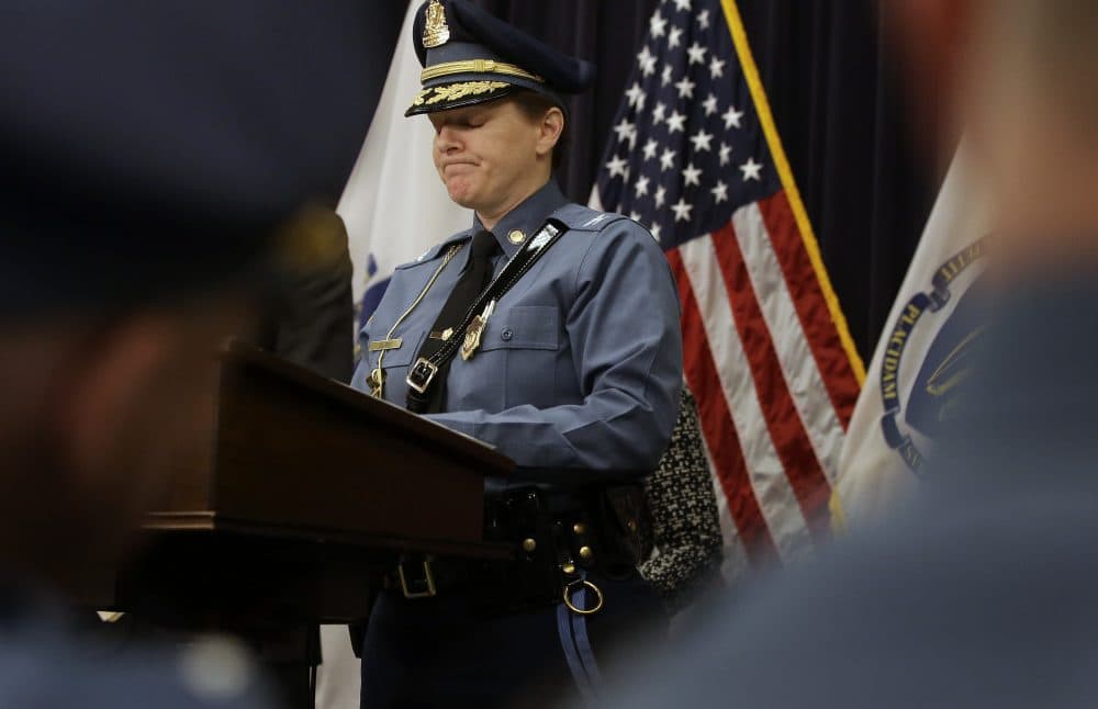 Massachusetts State Police Col. Kerry Gilpin faces reporters during a news conference April 2 at the State House. (Steven Senne/AP)