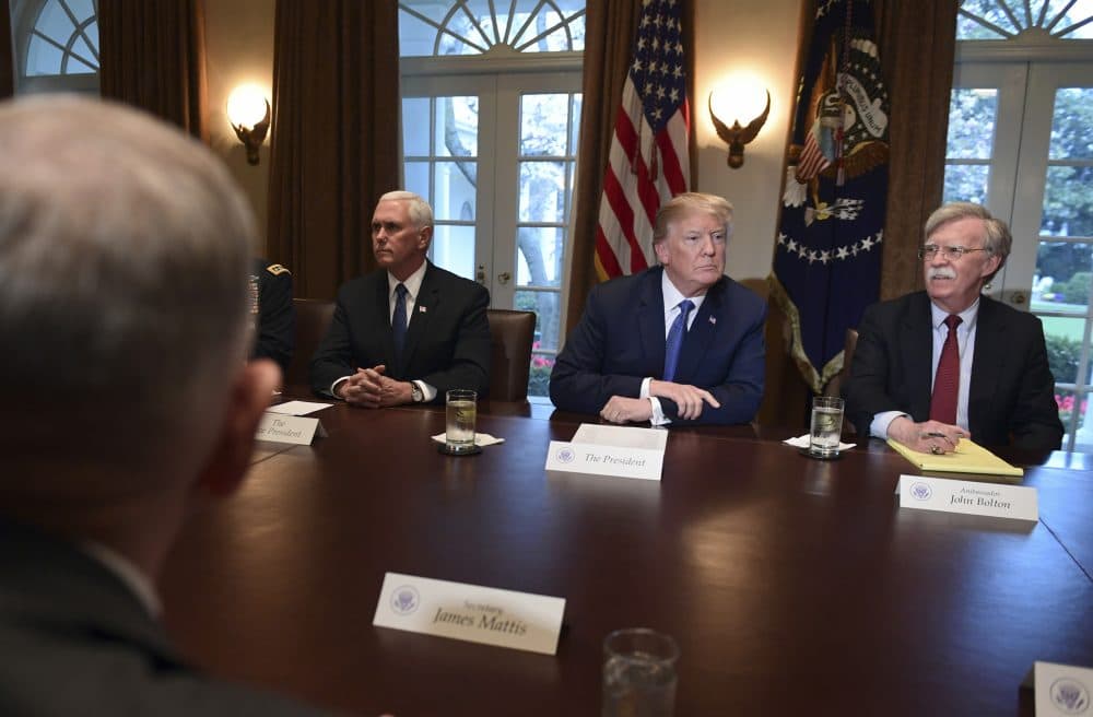 President Trump, second from right, speaks in the Cabinet Room of the White House Monday, at the start of a meeting with military leaders, with Defense Secretary Jim Mattis, left, Vice President Mike Pence and national security adviser John Bolton. (Susan Walsh/AP)