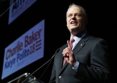 Gov. Charlie Baker addresses the Massachusetts Republican Convention at the DCU Center in Worcester. (Winslow Townson/AP)
