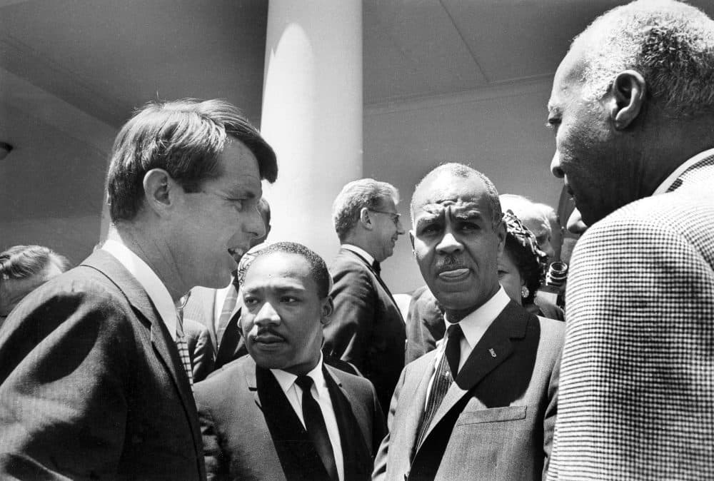 Attorney General Robert F. Kennedy talks with civil rights leaders, including the Rev. Martin Luther King Jr., at the White House on June 22, 1963. (Bob Schutz/AP)