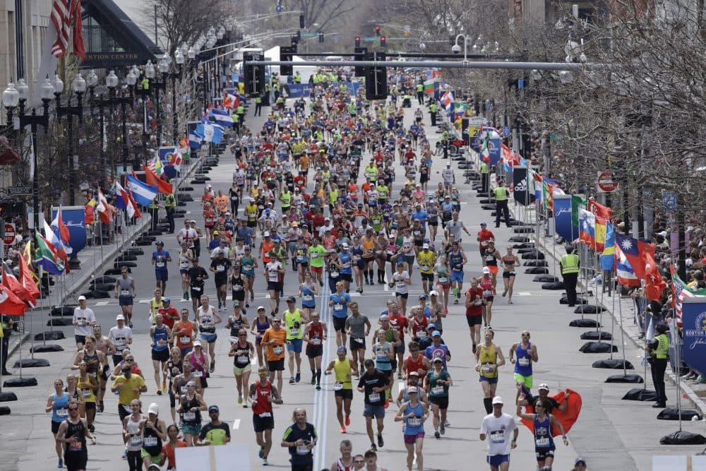 Runners head down the stretch to the finish line in the 121st Boston Marathon on Monday, April 17, 2017, in Boston. (Charles Krupa/AP)