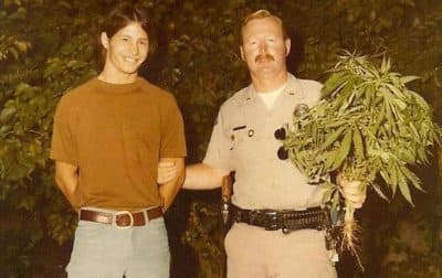 Johnny Grandizio, left, and Officer Bob Winterstein, in 1975, in Huntington Beach, California. Winterstein arrested Grandizio for that enormous marijuana plant, but the charges were later dropped. (Family Photo)