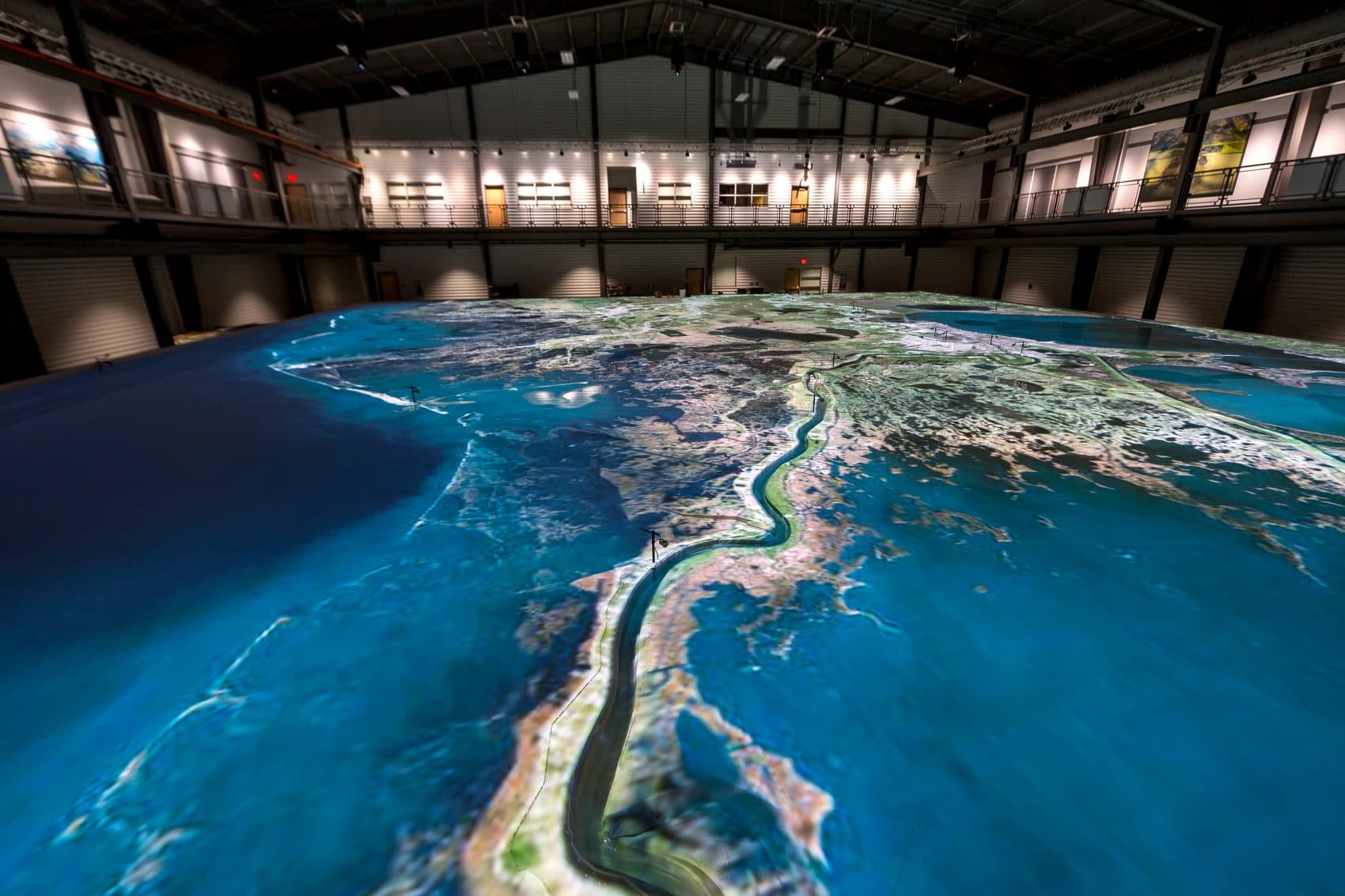 The LSU Center for River Studies houses the Lower Mississippi River Physical Model, a 90-foot by 120-foot movable bed physical model, which is one of the largest of its kind in the world. (Courtesy LSU)