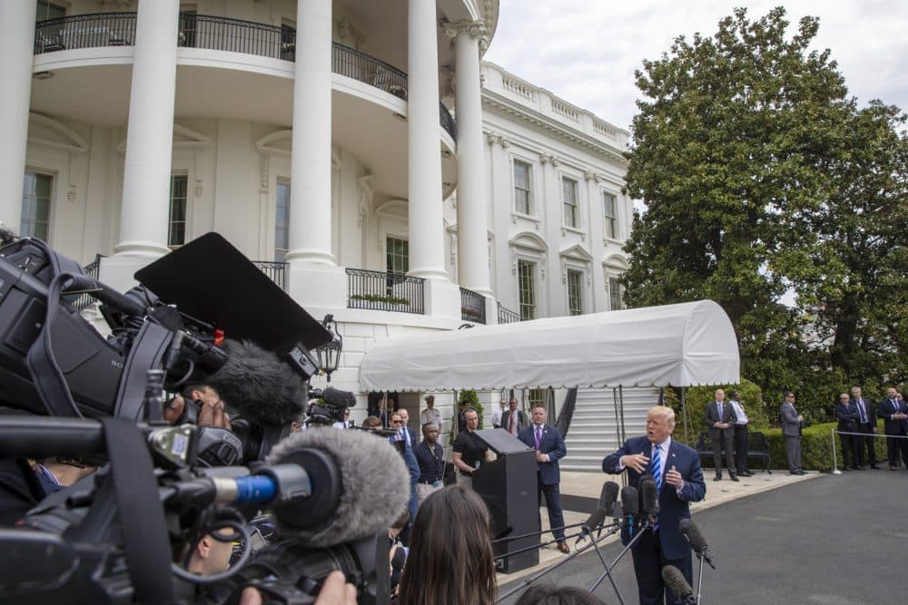 President Donald Trump talks to the media at the White House as he leaves for Dallas to address the National Rifle Association, Friday, May 4, 2018 in Washington. (J. Scott Applewhite/AP)
