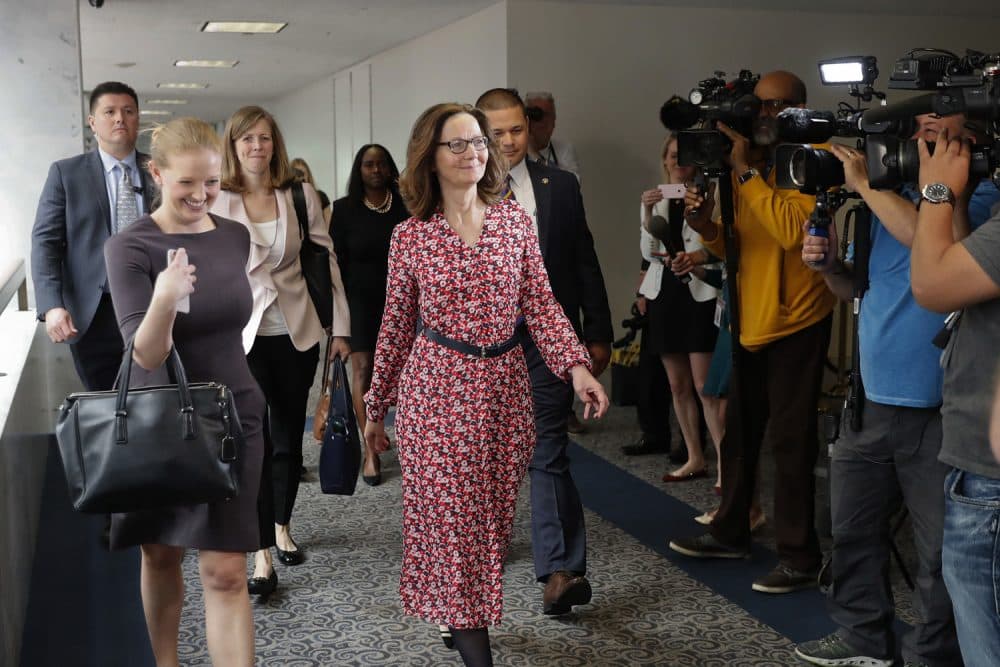 CIA Director Nominee Gina Haspel, center, walks past a group of television cameras as she arrives for her meeting with Sen. Dianne Feinstein, D-Calif., on Capitol Hill in Washington, Monday, May 7, 2018. (Pablo Martinez Monsivais/AP)