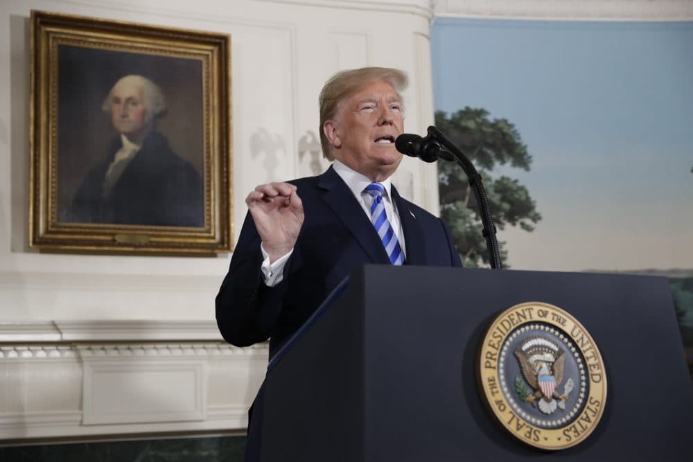 President Donald Trump delivers a statement on the Iran nuclear deal from the Diplomatic Reception Room of the White House, Tuesday, May 8, 2018, in Washington. (Evan Vucci/AP)