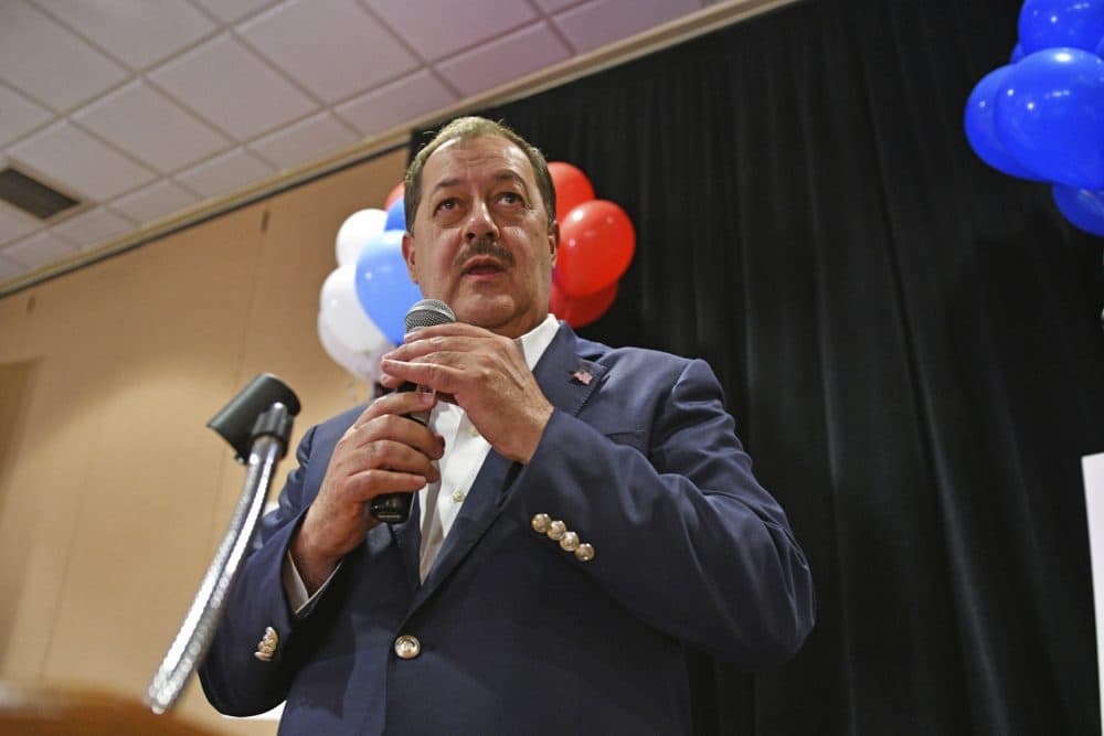 Former Massey Energy CEO Don Blankenship speaks to supporters in Charleston, W.Va., Tuesday, May 8, 2018. (AP Photo/Tyler Evert)