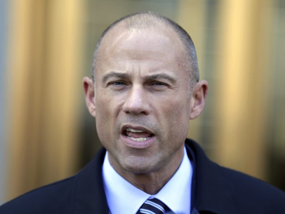 In this Thursday, April 26, 2018, file photo, Michael Avenatti, Stormy Daniels' attorney, talks to reporters outside of federal court in New York. Avenatti says he has information showing that President Donald Trump’s longtime personal attorney, Michael Cohen, received $500,000 from a Russian billionaire within months of paying hush money to Daniels. (Seth Wenig/AP)