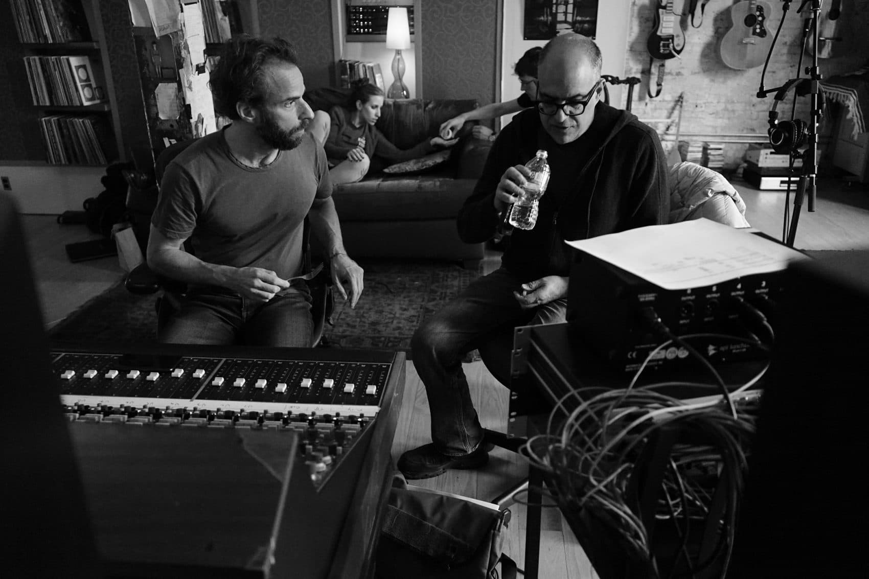 Dean Sharenow (left) and David Yazbek during a cast recording for &quot;The Band's Visit.&quot; (Courtesy Susan Stava)