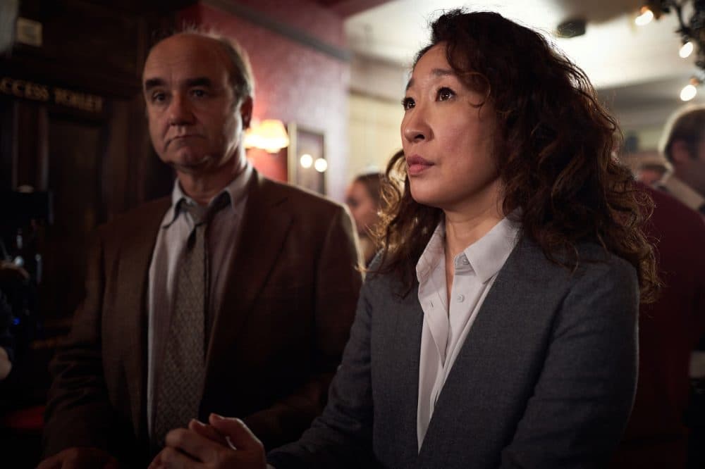 Sandra Oh and David Haig in a still from season one of &quot;Killing Eve.&quot; (Courtesy BBC America)