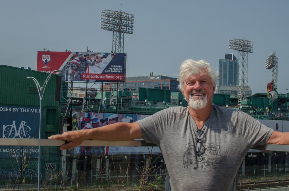 Pitching legend and free spirit Bill Lee, a member of the Red Sox Hall of Fame, relaxes near Fenway Park before taking the mound Sunday--in the first Red Sox Alumni Game in 25 years. (Sharon Brody/WBUR)
