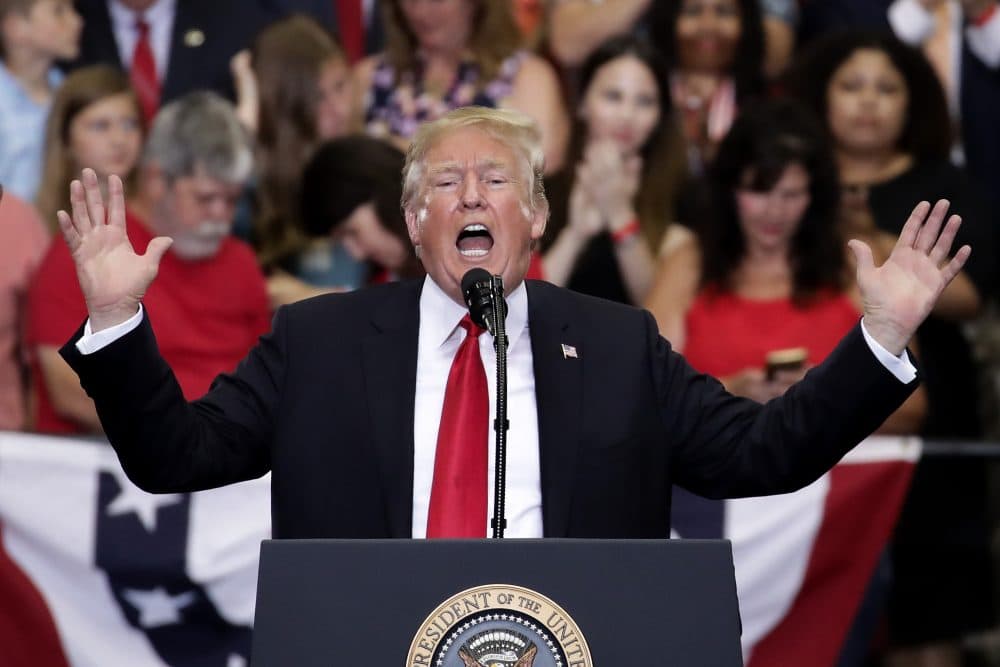 President Trump speaks during a rally at the Nashville Municipal Auditorium, May 29, 2018 in Nashville. Earlier in the day, Trump held a fundraising event in support of Rep. Marsha Blackburn (R-Tenn.), who is running for a U.S. Senate seat against former two-term Tennessee Gov. Phil Bredesen, a Democrat. (Drew Angerer/Getty Images)