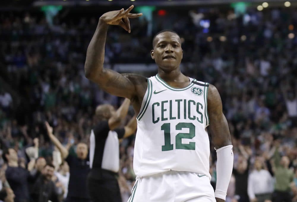 Boston Celtics guard Terry Rozier gestures after sinking a 3-point shot during the second half in Game 2 of the team's NBA basketball Eastern Conference finals against the Cleveland Cavaliers, Tuesday, May 15, 2018, in Boston. (Charles Krupa/AP)