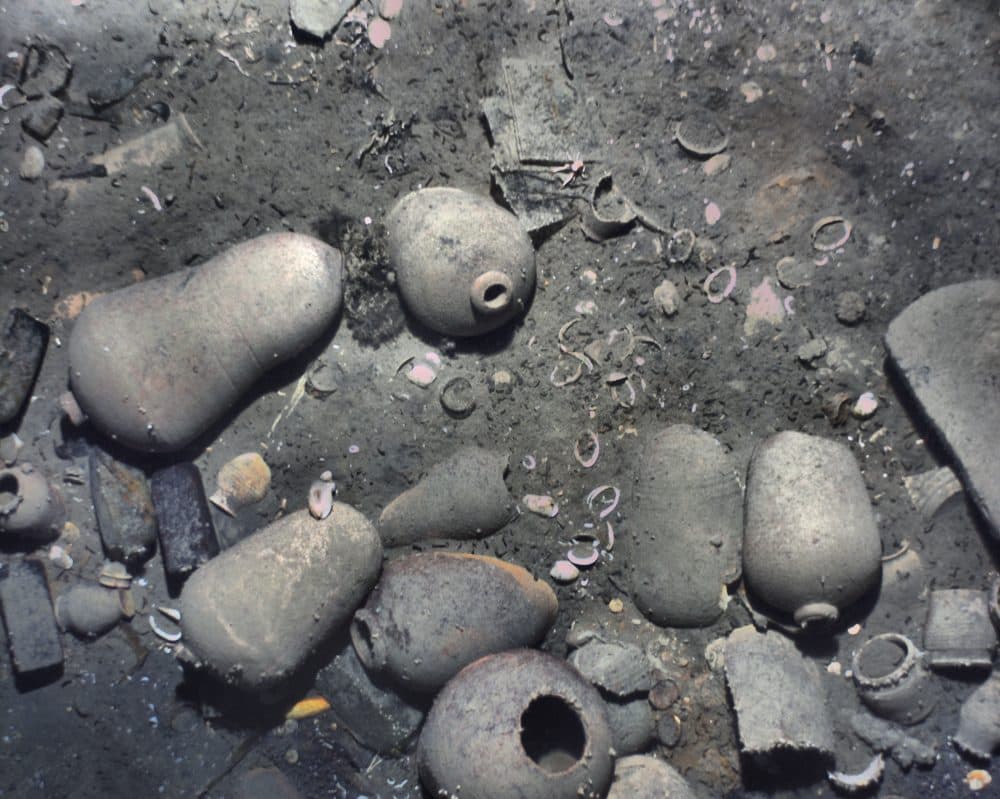 This November 2015 photo released Monday, May 21, 2018, by the Woods Hole Oceanographic Institution shows ceramic jars and other items from the 300-year-old shipwreck of the Spanish galleon San Jose on the floor of the Caribbean Sea off the coast of Colombia. New details about the discovery were released Monday with permission from the agencies involved in the search, including the Colombian government. Experts believe the ship's treasure is worth billions of dollars today. (Woods Hole Oceanographic Institution via AP)