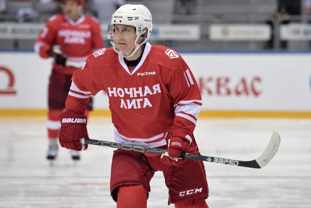 Russian President Vladimir Putin takes part in a hockey game in Sochi on May 10, 2018. (Alexey NIKOLSKY/SPUTNIK / AFP) (Photo credit should read ALEXEY NIKOLSKY/AFP/Getty Images)