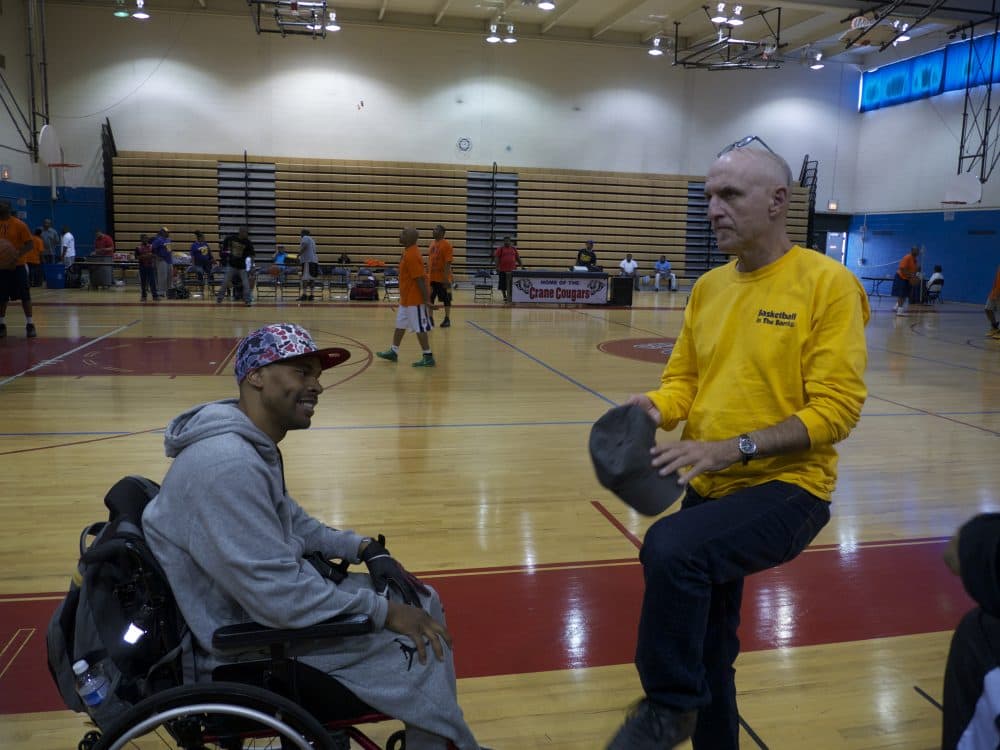 Shawn Harrington and Rus Bradburd talk after Shawn's &quot;Hoops for Peace Chicago&quot; games. (Michael James)