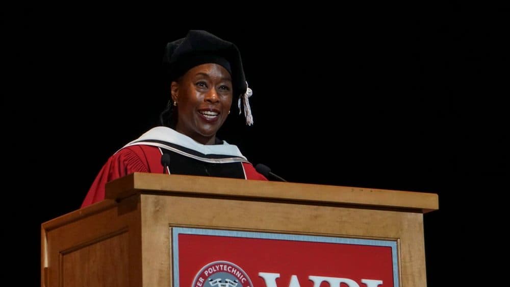 Margot Lee Shetterly, author of the book &quot;Hidden Figures: The American Dream and the Untold Story of the Black Women Mathematicians Who Helped Win the Space Race,&quot; speaks at Worcester Polytechnic Institute's 2018 commencement ceremony on Saturday, May 12. 