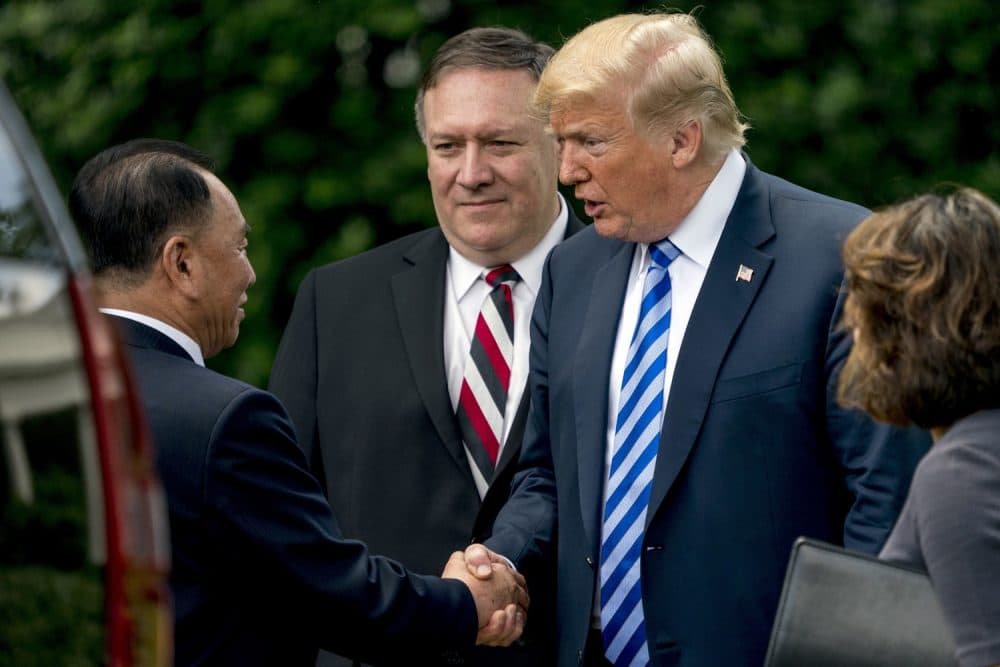 President Donald Trump shakes hands with Kim Yong Chol, former North Korean military intelligence chief and one of leader Kim Jong Un's closest aides, as Secretary of State Mike Pompeo watches upon departure after their meeting in the Oval Office of the White House in Washington, Friday, June 1, 2018. (Andrew Harnik/AP)