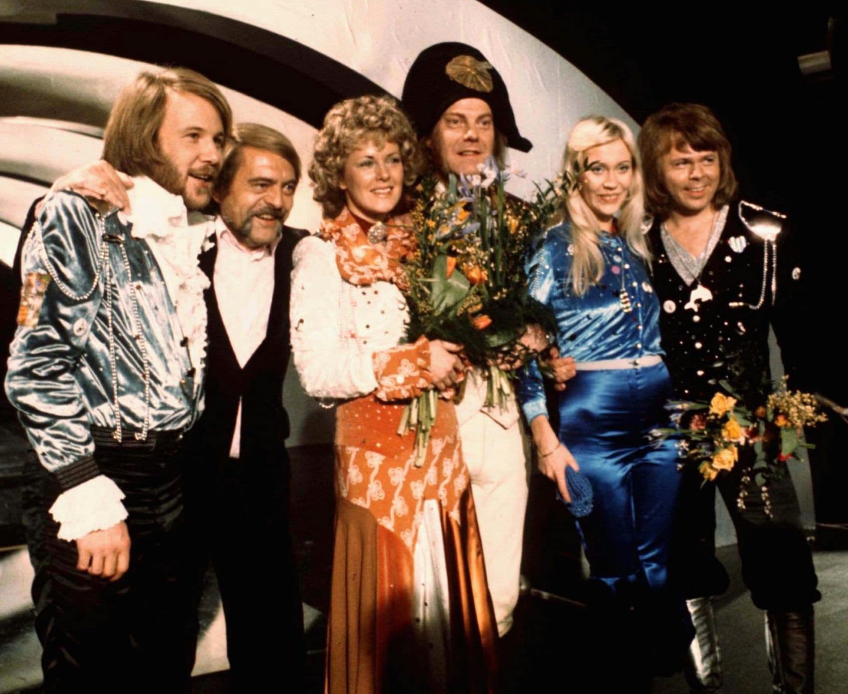 In this April 6, 1974 photo, members of Swedish group ABBA and associates celebrate the victory of their song &quot;Waterloo&quot; in the Eurovision Song Contest. (AP)