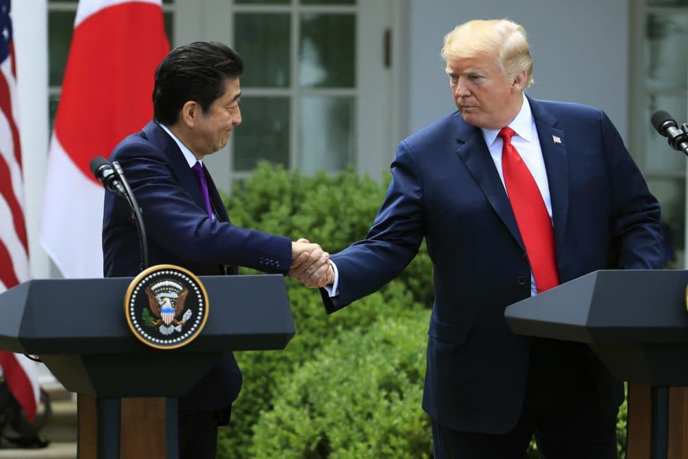 President Donald Trump and Japanese Prime Minister Shinzo Abe shake hands during a news conference in the Rose Garden at the White House in Washington, Thursday, June 7, 2018. (Manuel Balce Ceneta/AP)