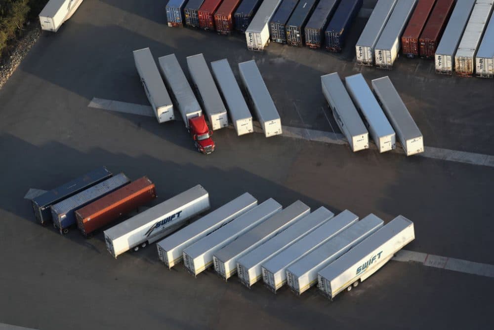 Freight trucks, as seen from a helicopter, wait for use near the Otay Mesa port of entry on May 11, 2017 in San Diego, California. (John Moore/Getty Images)