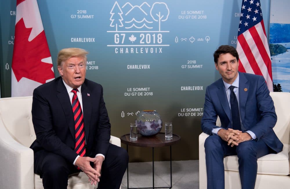 President Trump and Canadian Prime Minister Justin Trudeau hold a meeting on the sidelines of the G-7 summit in La Malbaie, Quebec, Canada, June 8, 2018. (Saul Loeb/AFP/Getty Images)