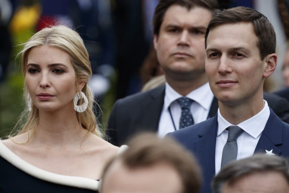 White House senior adviser Jared Kushner, and his wife Ivanka Trump, the daughter of President Donald Trump, attend a State Arrival Ceremony on the South Lawn of the White House in Washington, Tuesday, April 24, 2018, in honor of French President Emmanuel Macron and his wife Brigitte Macron. (Carolyn Kaster/AP)