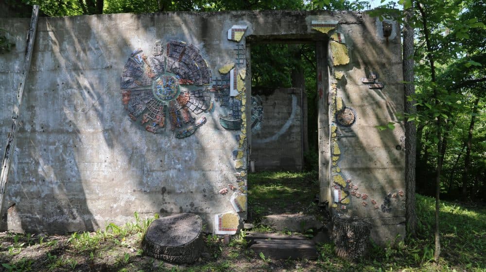 The Ruins Project invites mosaicists from all over the world to adorn the walls of a Western Pennsylvania coal mine facility, the entrance pictured here. (Adelina Lancianese/WESA)