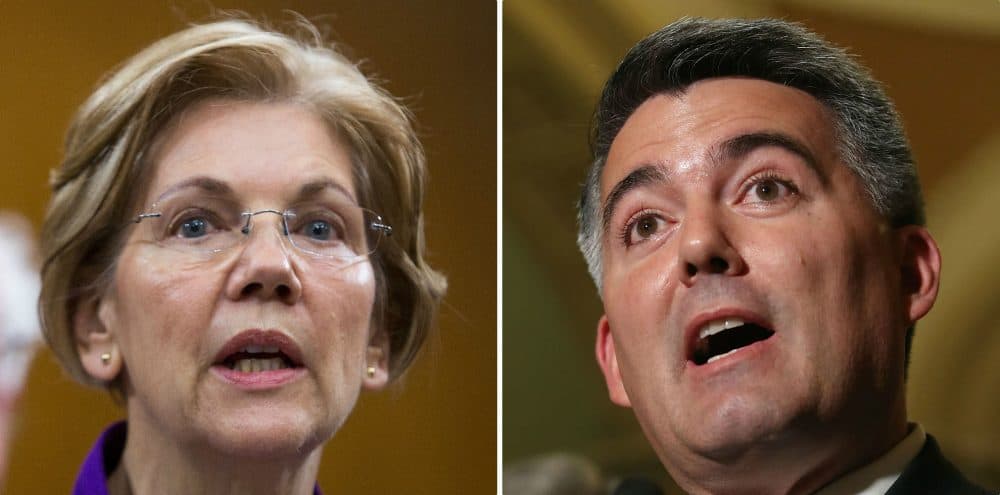 Sen. Elizabeth Warren (D-Mass.) and Sen. Cory Gardner (R-Colo.). (Tasos Katopodis and Mark Wilson/Getty Images)