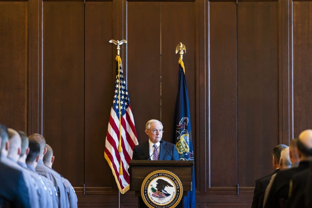 Attorney General Jeff Sessions delivers remarks on immigration and law enforcement actions at Lackawanna College on June 15, 2018 in Scranton, Pa. (Jessica Kourkounis/Getty Images)