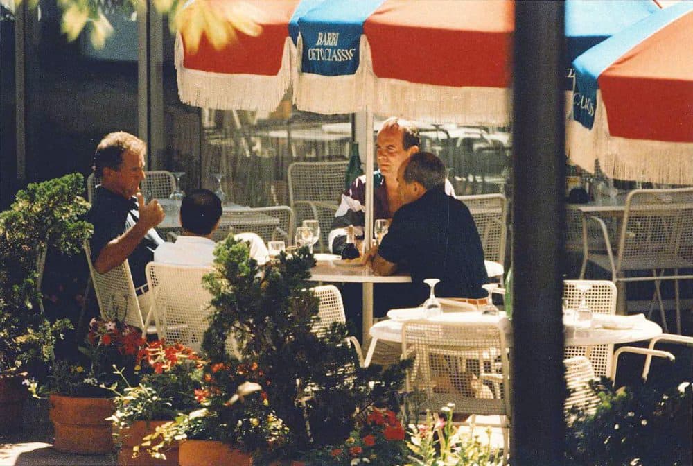 In this 1993 FBI surveillance photo, Francis &quot;Cadillac Frank&quot; Salemme, left, Stephen &quot;The Rifleman&quot; Flemmi, second from left with back to camera, and Frank Salemme Jr., behind right, are seated at The Charles Hotel in Cambridge, Mass. (FBI surveillance photo via AP)