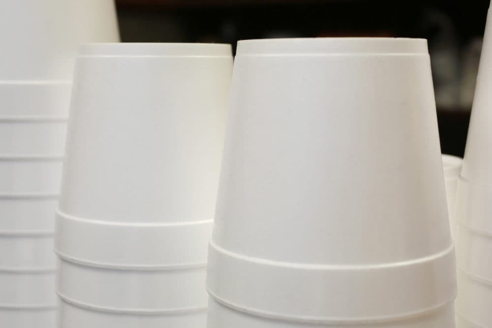In this Feb. 14, 2013 file photo, polystyrene foam soup containers are stacked in a New York restaurant. (Mark Lennihan/AP)