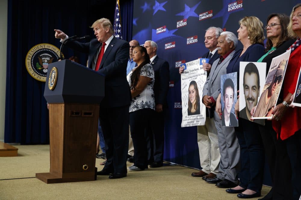 President Donald Trump delivers remarks on immigration alongside family members affected by crime committed by undocumented immigrants, at the South Court Auditorium on the White House complex, Friday, June 22, 2018, in Washington. (Evan Vucci/AP)