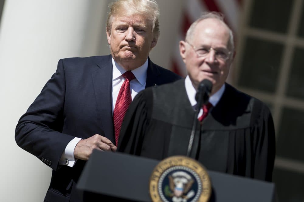 President Trump listens while Supreme Court Justice Anthony Kennedy speaks during a ceremony in the Rose Garden at the White House on April 10, 2017 in Washington, D.C. (Brendan Smialowski/AFP/Getty Images)