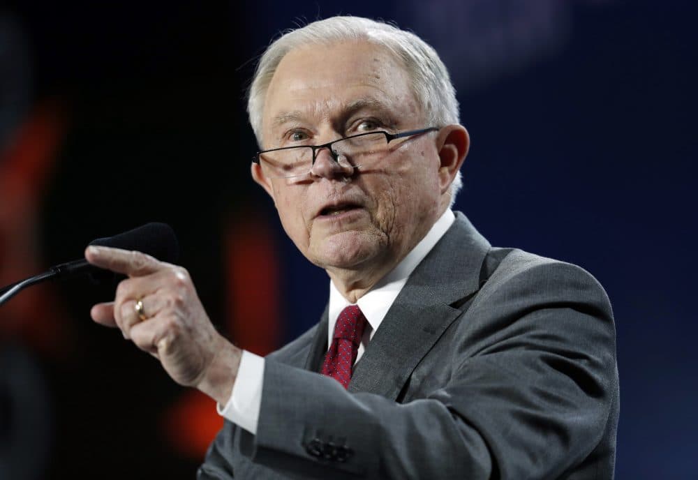 U.S. Attorney General Jeff Sessions makes a point during his speech at the Western Conservative Summit on June 8 in Denver. (David Zalubowski/AP)
