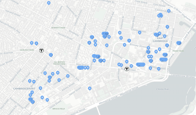 This map screenshot shows the cluster of biotech companies around Kendall Square in Cambridge.