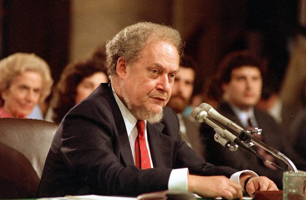 U.S. Supreme Court nominee Robert H. Bork testifies before the Senate Judiciary Committee on the first day of his confirmation hearings on Capitol Hill, Sept. 16, 1987. (Charles Tasnadi/AP)