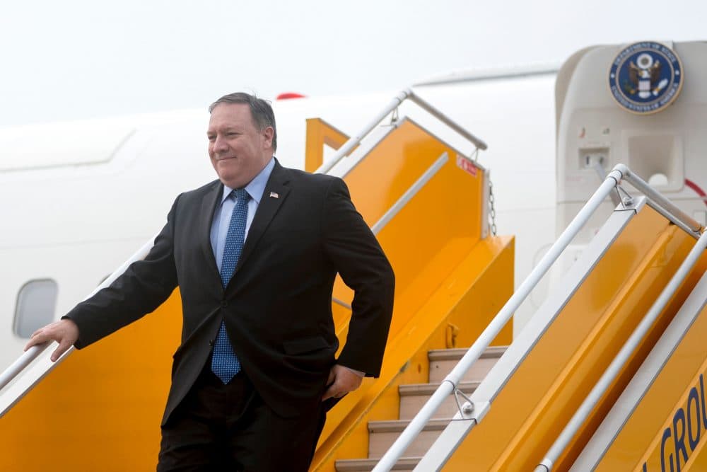 Secretary of State Mike Pompeo arrives at Nom Bar International Airport in Hanoi on July 8, 2018. Pompeo shrugged off North Korean accusations of &quot;gangster-like&quot; behavior and said sanctions on Pyongyang would only be lifted with &quot;final&quot; denuclearization. (Andrew Harnik/AFP/Getty Images)