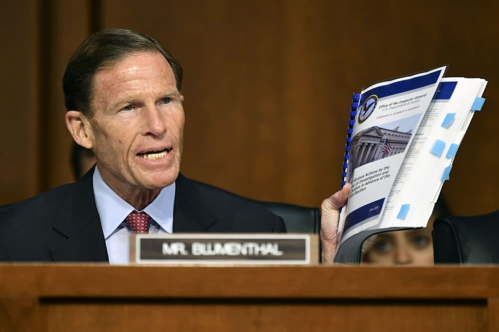 Sen. Richard Blumenthal (D-Conn.) speaks as FBI Director Christopher Wray testifies before the Senate Judiciary Committee on June 18, 2018 on Capitol Hill in Washington, D.C. (Mandel Ngan/AFP/Getty Images)