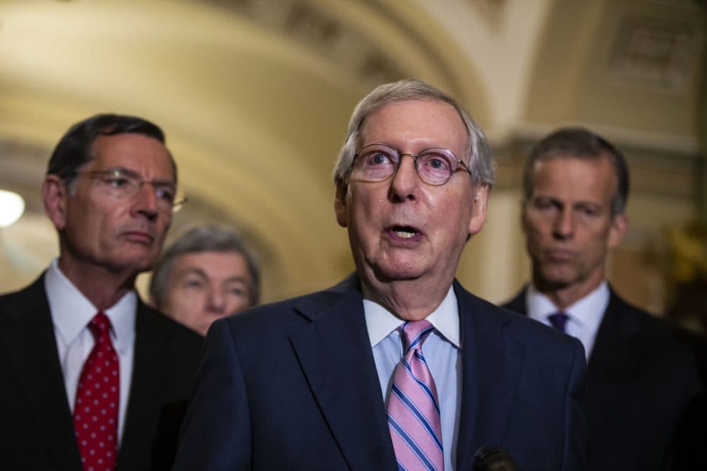 Senate Majority Leader Mitch McConnell (R-Ky.) speaks alongside fellow Senate Republicans during a news conference following the weekly Senate Republicans policy luncheon, on Capitol Hill, on July 10, 2018 in Washington, D.C. (Al Drago/Getty Images)