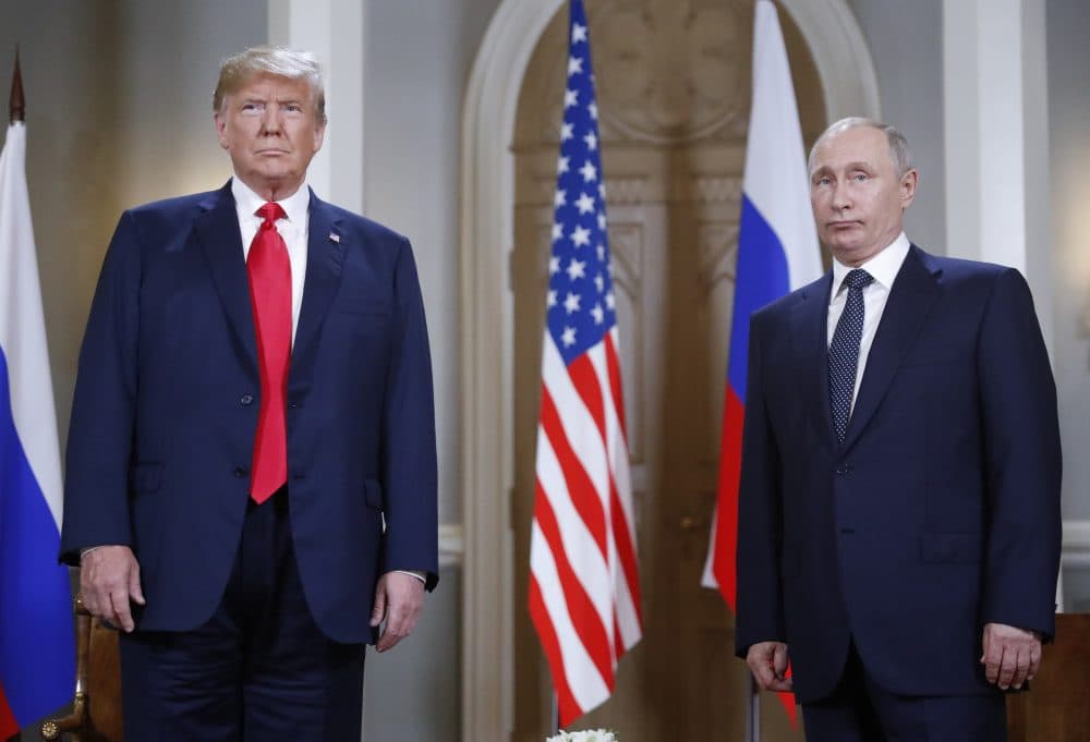 President Trump, left, and Russian President Vladimir Putin pose for a photograph at the beginning of a one-on-one meeting at the Presidential Palace in Helsinki, Finland, Monday, July 16, 2018. (Pablo Martinez Monsivais/AP)