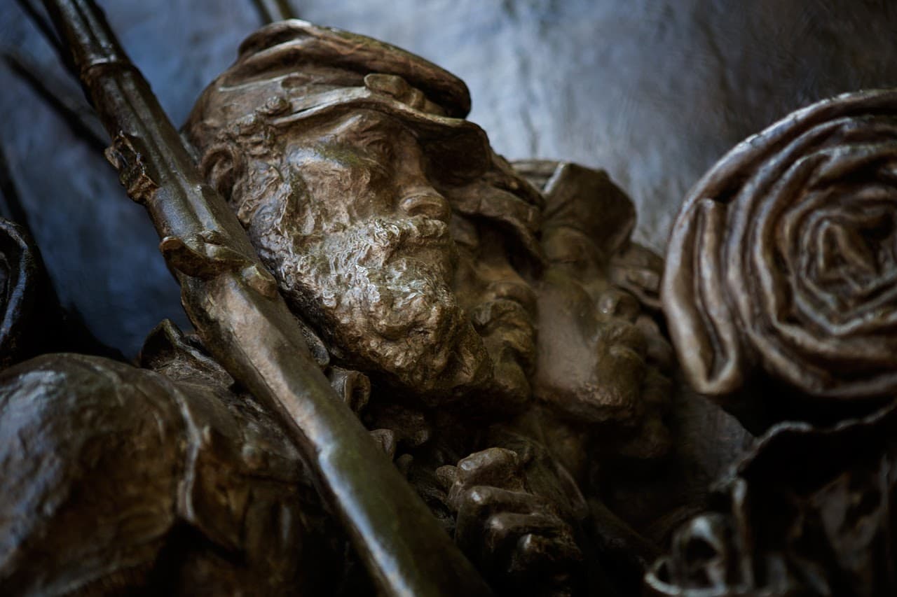 A solider from the 54th Regiment in the Augustus Saint-Gaudens relief on Boston Common. (Jesse Costa/WBUR)
