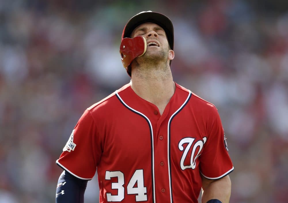 Washington Nationals' Bryce Harper reacts after he lined out during the second inning of a baseball game against the Philadelphia Phillies, Saturday, June 23, 2018, in Washington. (Nick Wass/AP)